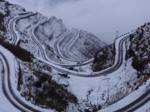 The serpentine Zuluk road looping through Himalayan mountains in East Sikkim