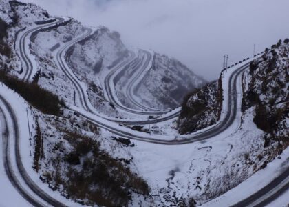 The serpentine Zuluk road looping through Himalayan mountains in East Sikkim