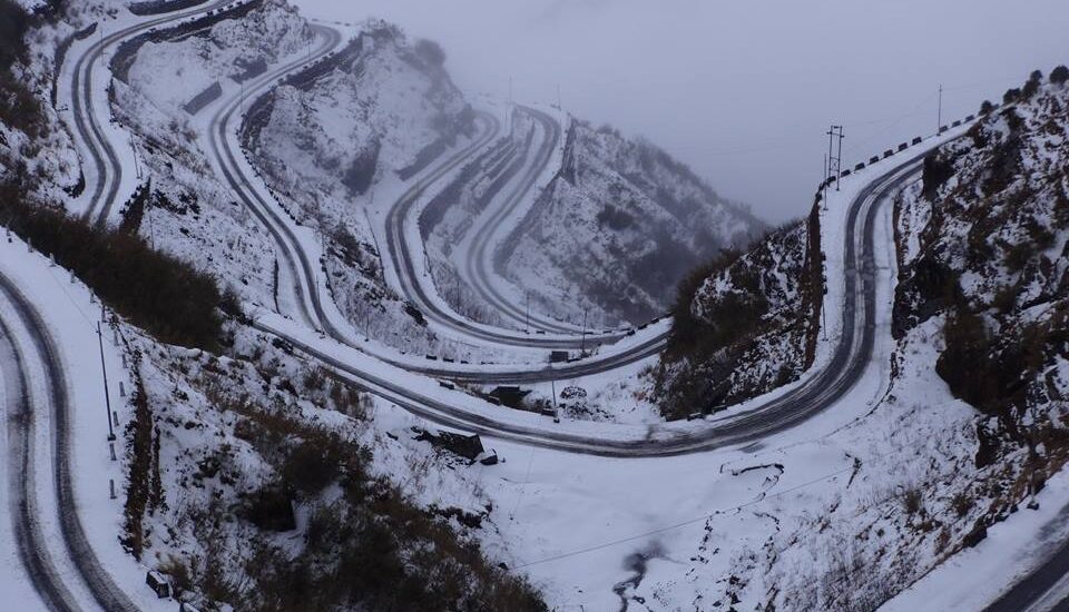 The serpentine Zuluk road looping through Himalayan mountains in East Sikkim